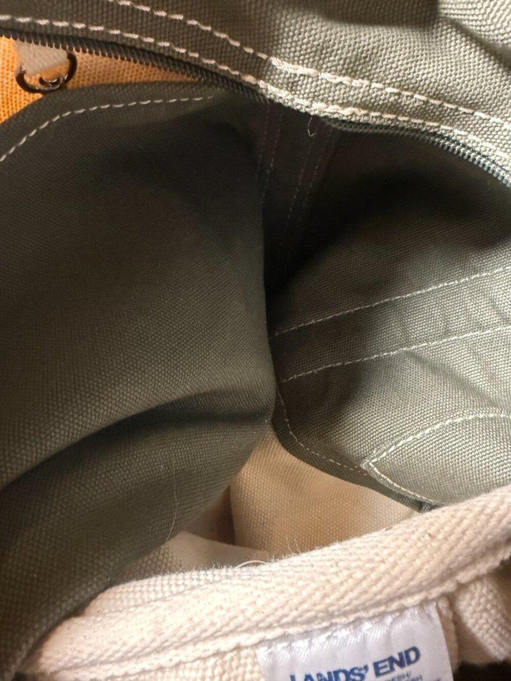 Lands' End Canvas Tote Olive Green & Ivory Travel Bag Zipper Closure - Picture 6 of 11